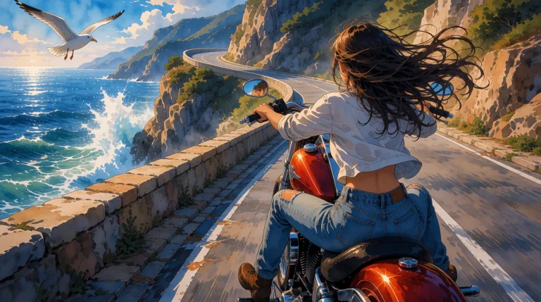 1 Woman, Wearing Jeans, Long Hair Floating In The Wind, Driv...