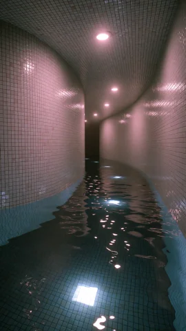 Dcl1m1nal. Wide Eye-level View Down A Narrow Indoor Corridor... — Stable Diffusion AI Prompt: DCL1M1NAL. Wide eye-level view down a narrow indoor corridor completely flooded...