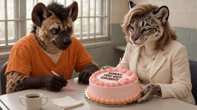 An Adult Anthro Spotted Hyena Sits At A Prison Visiting-room...