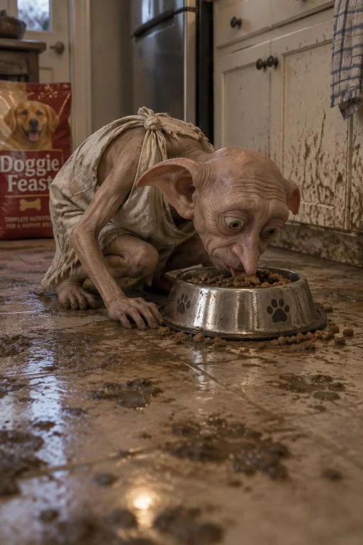 Dobby Is Eating A Doggie Feast Off The Dirty, Muddy Kitchen...