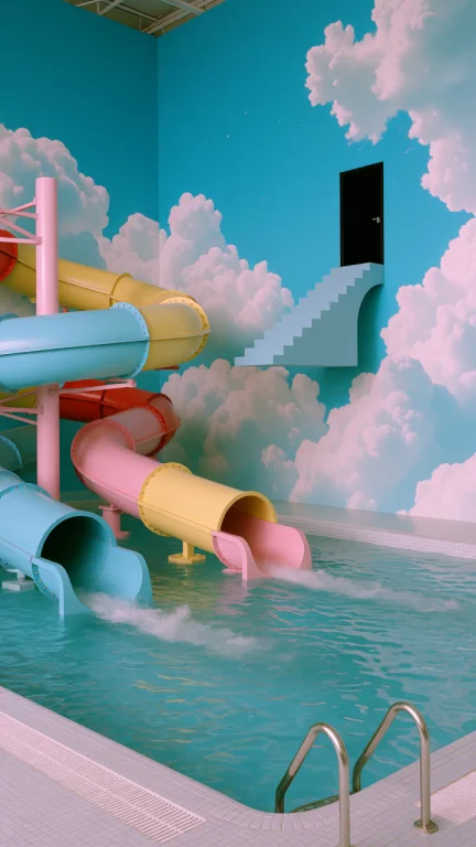 Dcl1m1nal. Wide Eye-level Shot Of An Indoor Waterpark With P...