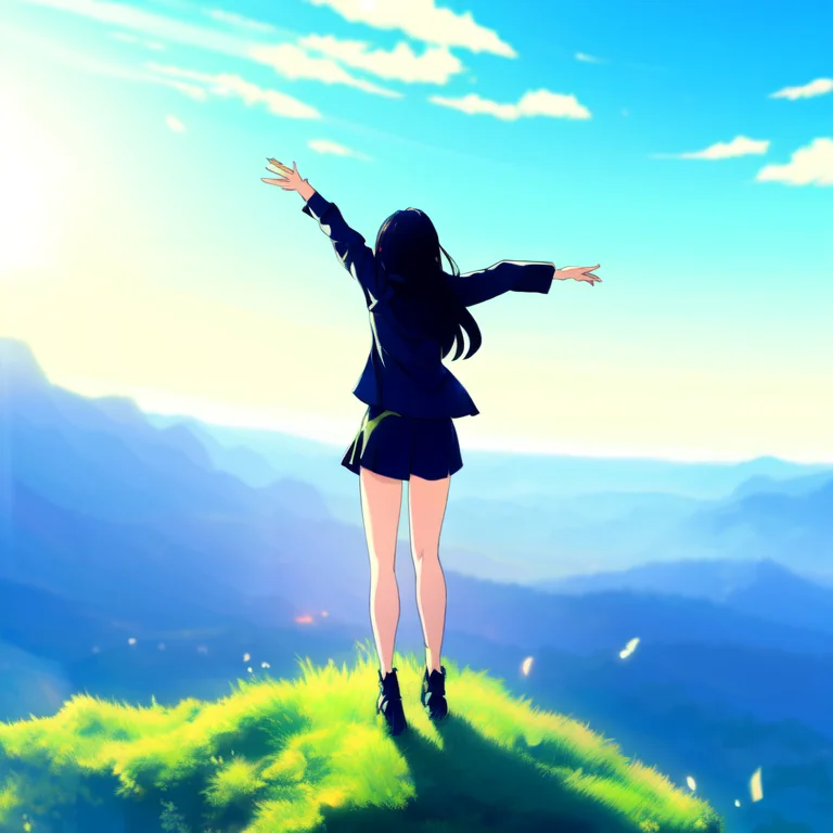 Anime, A Woman Stands On The Top Of A Hill With Her Legs Out...