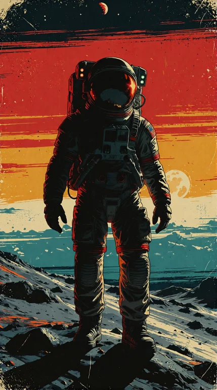 Vintage Screen Print Poster Featuring An Astronaut Silhouett...