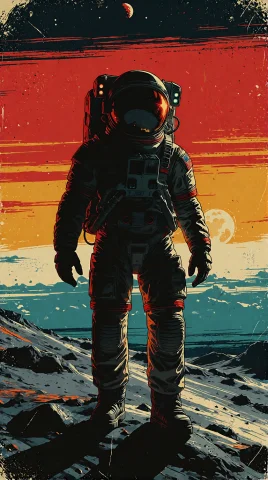 Vintage Screen Print Poster Featuring An Astronaut Silhouett... — Stable Diffusion AI Prompt: Vintage screen print poster featuring an astronaut silhouette standing on a crat...