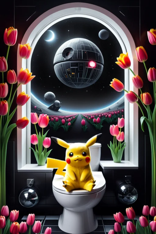 Pikachu Sitting On A Toilet In A Futuristic Bathroom, Readin...
