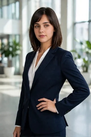 Ohwxperson. A Three-quarter View Portrait Of A Young Woman I... — Stable Diffusion AI Prompt: ohwx_person. A three-quarter view portrait of a young woman in a sharp navy busi...