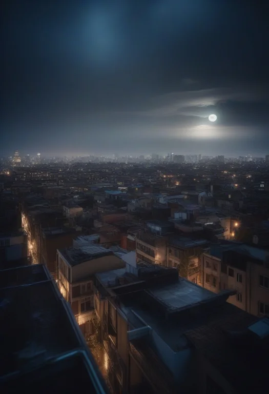 A Rooftop View Of A City Under Low Clouds, Moonlight, Shot O...