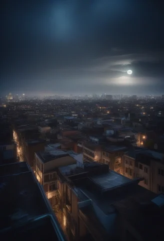 A Rooftop View Of A City Under Low Clouds, Moonlight, Shot O... — SDXL AI Prompt: a rooftop view of a city under low clouds, moonlight, shot on Hasselblad, intric...