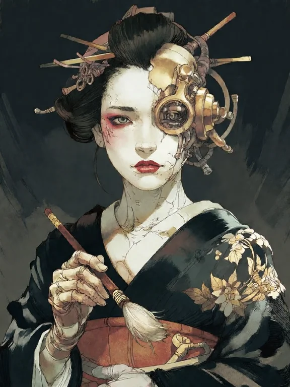 Bradhamel Art Style. A Portrait Of A Japanese Geisha With Ha...