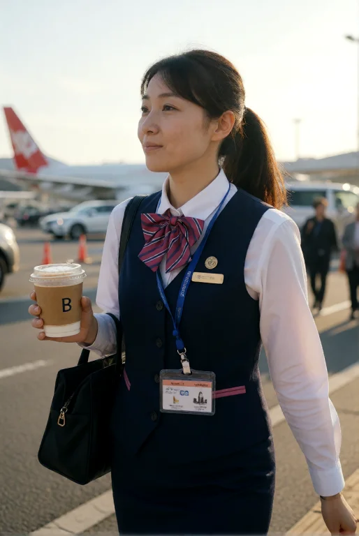 A Candid Photo Of A Japanese Woman In A Japanese Airline Uni...