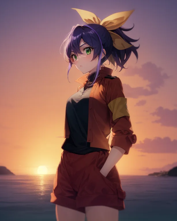 1girl, Serena, Purple Hair, Green Eyes, Yellow Bow, Red Jack...