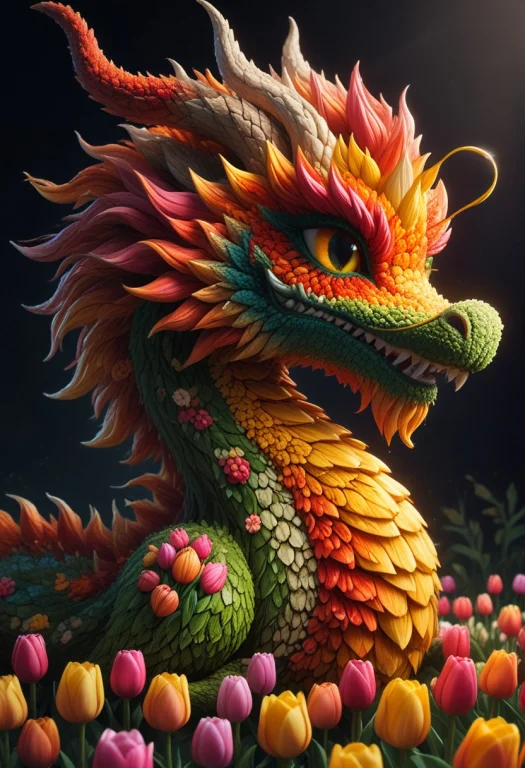 Floral Motifs, Tulip Covered Dragon Chibi Fox, Made Of Tulip...