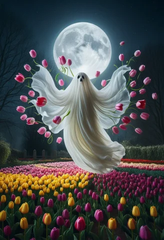 8k, Raw Digital Photo, Jaynl-tm, A Ghost Made Of Tulips, Flo... — SDXL AI Prompt: 8k, Raw digital photo, jaynl-tm, a ghost made of tulips, floating above an aband...