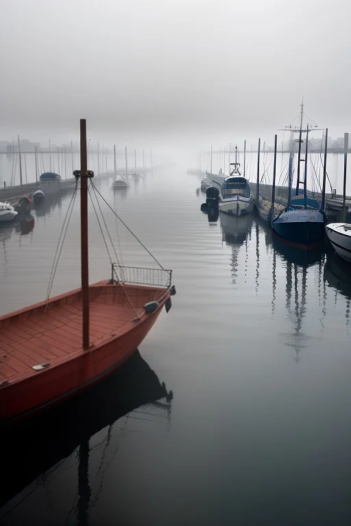 A Harbor At Dawn Wrapped In Soft Grey Mist, Leading Lines, E...