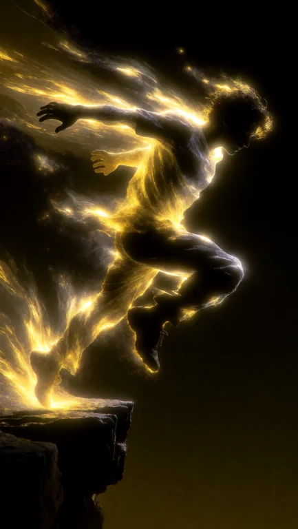 A Person Leaps Across A Wide Chasm, Their Body Outlined By B...