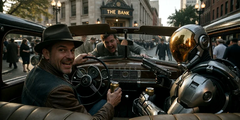 Compose A Cinematic Shot From The Drivers Seat Of A 1930s Ca...