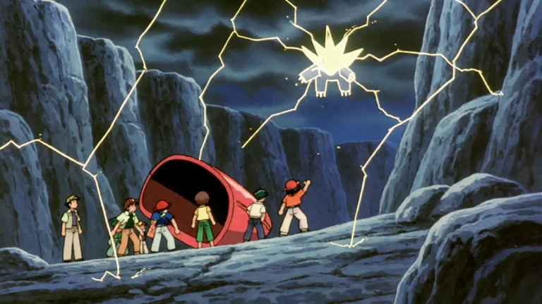 Pkmnmv2000, A Group Of Figures Stands Near A Large, Overturn...