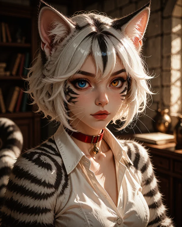 Closeup Portrait With Face Focus Of A Beautiful Human Catgir...
