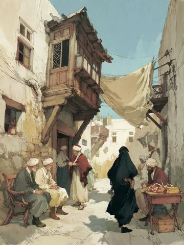 Bradhamel Art Style. A Sunlit, Narrow Alleyway In A Traditio... — Stable Diffusion AI Prompt: Bradhamel art style. A sunlit, narrow alleyway in a traditional Middle Eastern m...