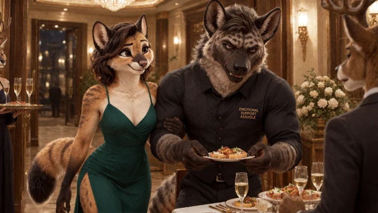 A Petite Adult Anthro Stoat Arrives At An Elegant Dinner Par...