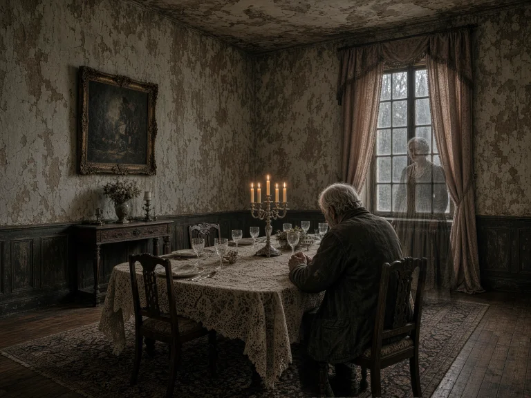 An Elderly Man With White Hair Sits Alone At A Long Dining T...