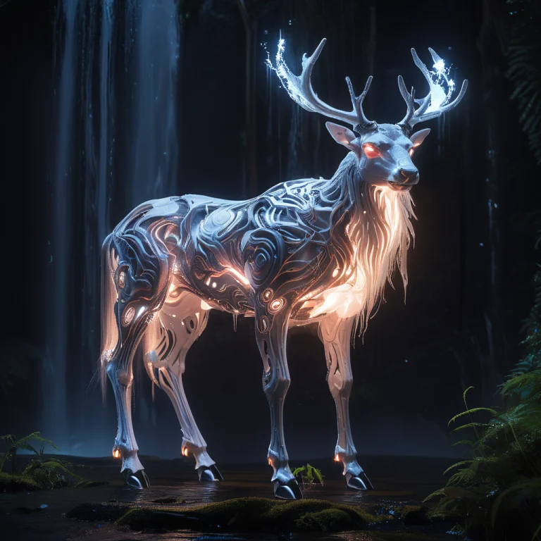 A Glowing Stag, Animal Made Of Whiteember Tech, Intricate Ci...