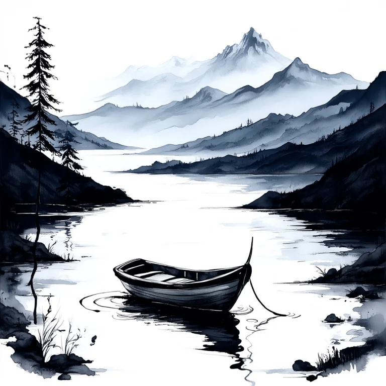 Arsmjstyle, Zen Ink Wash Sumi-e, A Small Fishing Boat On A C...