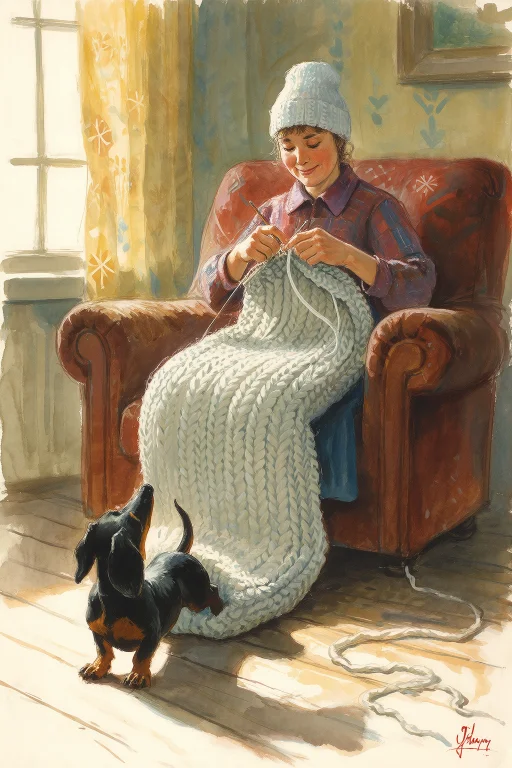 Vladimir Zarubin Style Gouache Illustration, A Woman Knittin...
