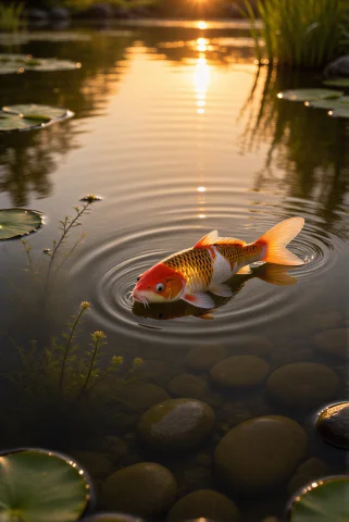 A Serene, Shallow Pond At Golden Hour With Calm Water Reflec... — Stable Diffusion AI Prompt: A serene, shallow pond at golden hour with calm water reflecting the warm glow o...