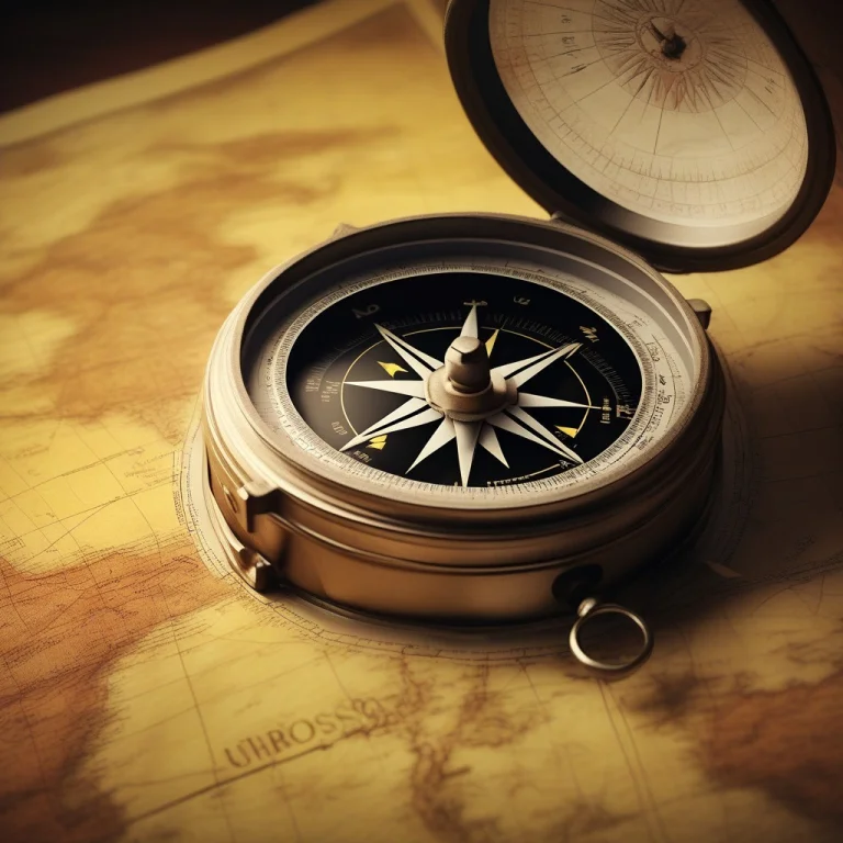 A Vintage Compass Resting On A Yellowed Map, Physically Base...