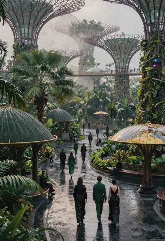 A Wide, Vertically Oriented Photograph Captures A Futuristic... — Stable Diffusion AI Prompt: A wide, vertically oriented photograph captures a futuristic eco-city filled wit...