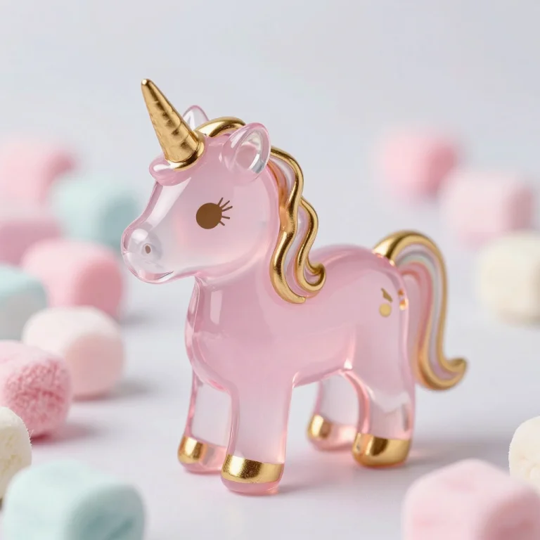 A Pink Glass Unicorn With Gold Details In A Pastel-toned Cot...