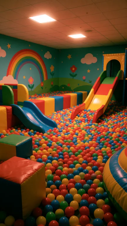 Dcl1m1nal. Wide Eye-level Shot Of An Indoor Childrens Play A...