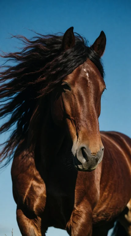Powerful Chestnut Horse, Vivid Blue Sky, Dark Mane Flowing,...