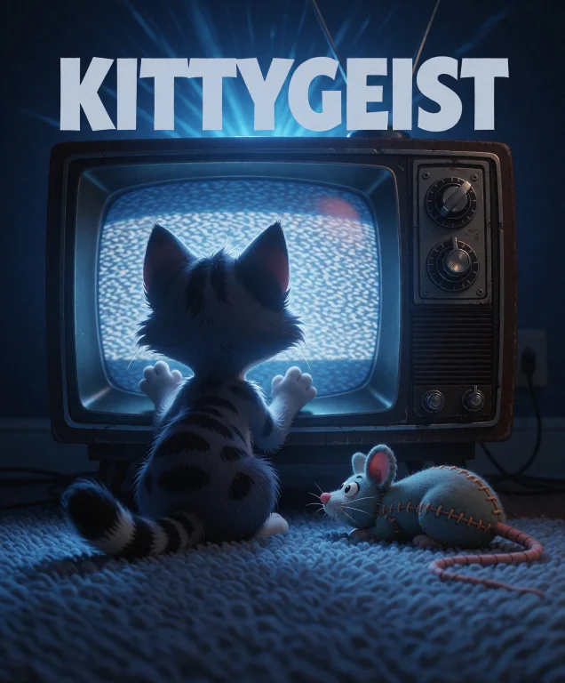 In A Dark Living Room, A Kitten Sits In Front Of A Tv That D...