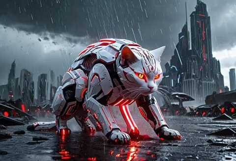 A Cat Wearing Intricate White Heavy Futuristic Armor With Re... — SDXL AI Prompt: a cat wearing intricate white heavy futuristic armor with red highlights and glo...