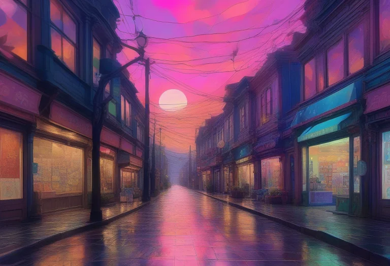 A Quiet Street Of Shops Closing At Dusk, Psychedelic Art, Ov...