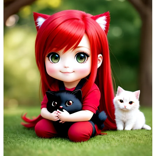 Chibi Red Hair Girl1.1 Hugs Kitty0.9, Smiling , Detailed, Fa...
