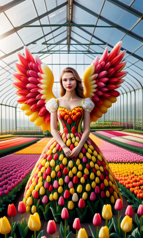 A Woman With A Rubber-duck Head Made Of Tulips, Wearing A Tu...