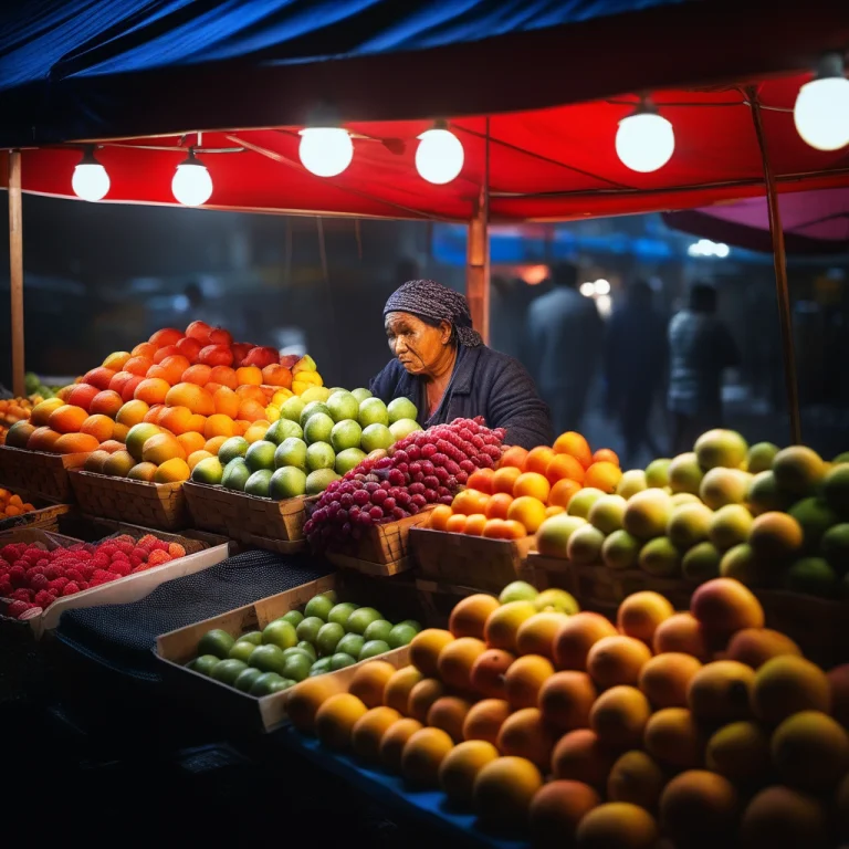 A Market Vendor Arranging Bright Fruit At A Stall, Misty Lig...