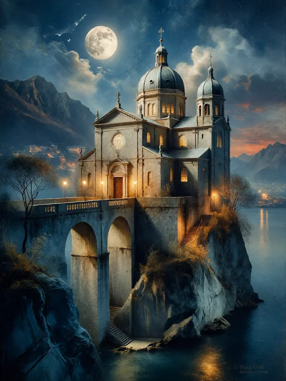 Bradhamel Art Style. A Majestic, Illuminated Stone Cathedral...