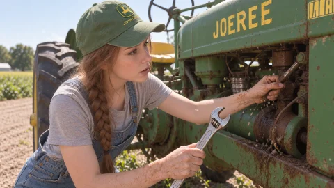 A Wide Angle Shot Of A Gorgeous American Farm Girl Wearing A... — Stable Diffusion AI Prompt: A wide angle shot of a gorgeous American farm girl wearing a John Deere ball cap...