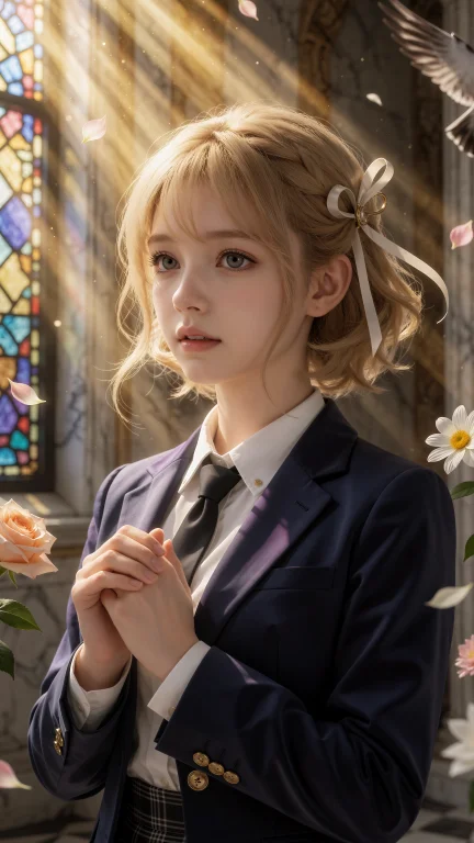 小日向穗积,在晨曦穿透彩绘玻璃的瞬间，一束浓郁而神圣的金色光...