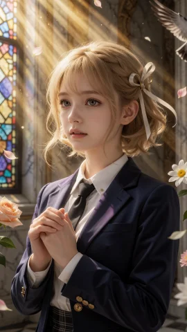 小日向穗积,在晨曦穿透彩绘玻璃的瞬间，一束浓郁而神圣的金色光... — Stable Diffusion AI Prompt: 小日向穗积,在晨曦穿透彩绘玻璃的瞬间，一束浓郁而神圣的金色光辉从画面上方左侧倾泻...