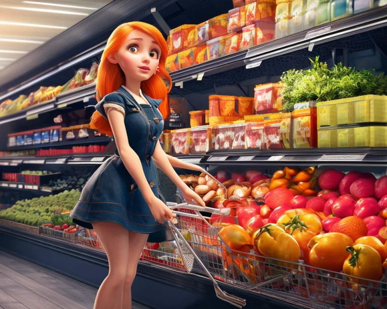 Young Lady Shopping In A Big Supermarket In A Small Town, Mo...