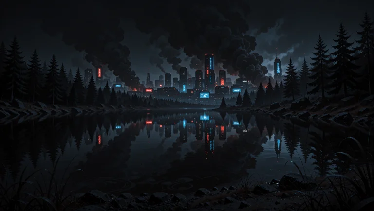A Haunting Cyberpunk Landscape Unfolds, Set Against The Fore...
