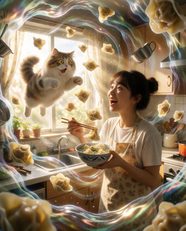 A Hilarious Absurd Scene, A Young Asian Woman In A Small Kit...