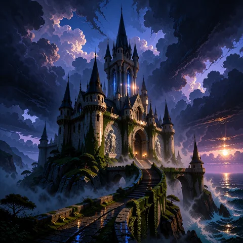 A Monumental, Ancient Castle Perched Precariously On A Jagge... — Stable Diffusion AI Prompt: A monumental, ancient castle perched precariously on a jagged limestone hill, do...