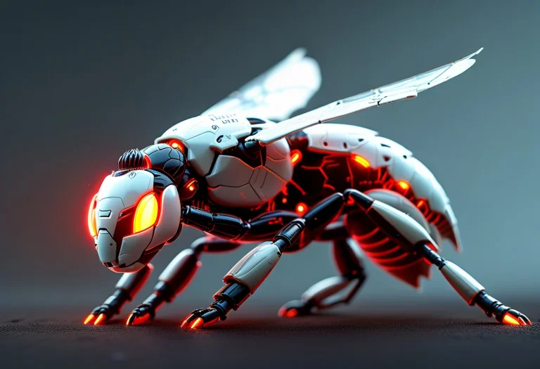 Photo-realistic High Tech Robot Bee Fly In A High Tech Futur...