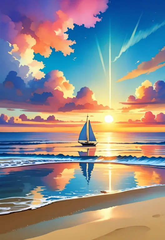 Woman Mid Shot In Watercolor Painting Sunset, High Tide, Gol...